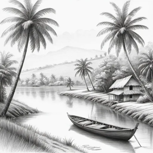 Prompt: draw by pencil, a countryside landscape with river, coconut tree, boat, river bank, trees