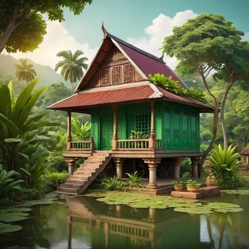 Prompt: Small Cambodian wooden house, lush vegetation, pond in the garden, porch with green door, potted plants, vibrant greenery, hills in the background, serene atmosphere, animal presence, traditional wooden architecture, detailed textures, high quality, realistic, vibrant colors, natural lighting