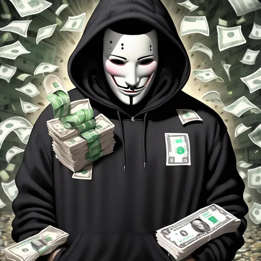 Prompt: Man wearing an all black hoodie with no face. WifHoodie is written on his chest. He is surrounded by money.