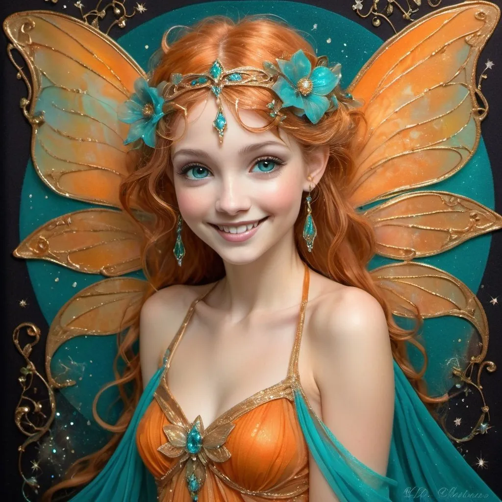 Prompt: a whimsical elegant fairy,smiling at the camera, dark orange and turquoise glittering colors, diaphanous chiffon fabric, art nouveau style, mixed media painting, textured painterly, shimmering aurora, tiny delicate twinkling diamond accents, hyperdetailed, hdr, light gold accents