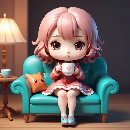 Prompt: kawaii 3D rendered, tiny cute chibi, full body, 1lady, sitting on couch, sipping hot tea, wearing dress, beautiful whimsical contrast colors