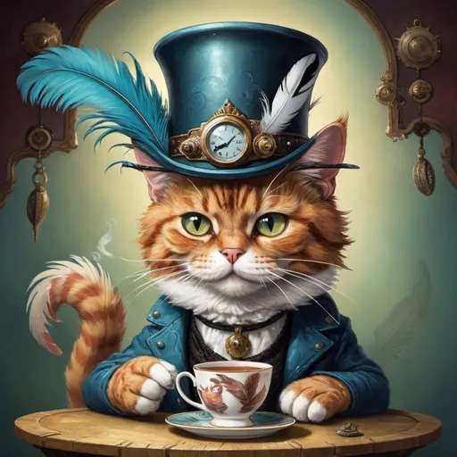 Prompt: a cat wearing a hat with feathers on it's head and a feathered tail on its head sipping hot tea, Carlos Catasse, pop surrealism, steampunk, a character portrait