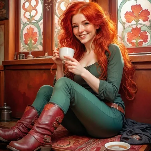 Prompt: Beautiful Irish woman smiling with red hair, drinking hot tea, pants, boots, Dublin, detailed facial features, vibrant red hair, realistic colored ink painting, 4k resolution, Dublin, cozy, realistic, detailed eyes, pants, boots, vibrant red hair, professional, atmospheric lighting