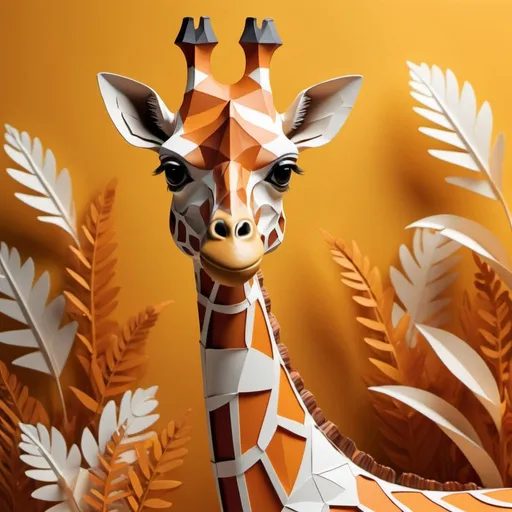 Prompt: Closeup.Rich colors, intense sharp, 8K.3D render.A mesmerizing digital illustration showcases a luxurious giraffe in an enchanting 3D puffy art style, with layers of white, orange, and brown hues that draw the eye. The majestic creature stands poised elegantly against a neutral yellow backdrop, surrounded by safari grass and verdant leaves. The depth of field effect lends a 3D quality to the composition, highlighting the intricate details and textures of the paper art.