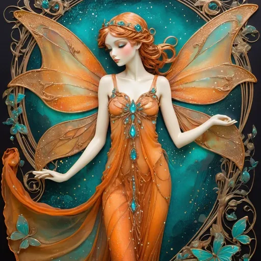 Prompt: a whimsical elegant fairy, dark orange and turquoise glittering colors, diaphanous chiffon fabric, art nouveau style, mixed media painting, textured painterly, shimmering aurora, tiny delicate twinkling diamond accents, hyperdetailed, hdr, light gold accents