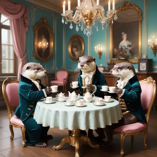 Prompt: Otters cute in a DANCING party drinking hot tea, with rococo victorian clothes in a rococo  cristal castle