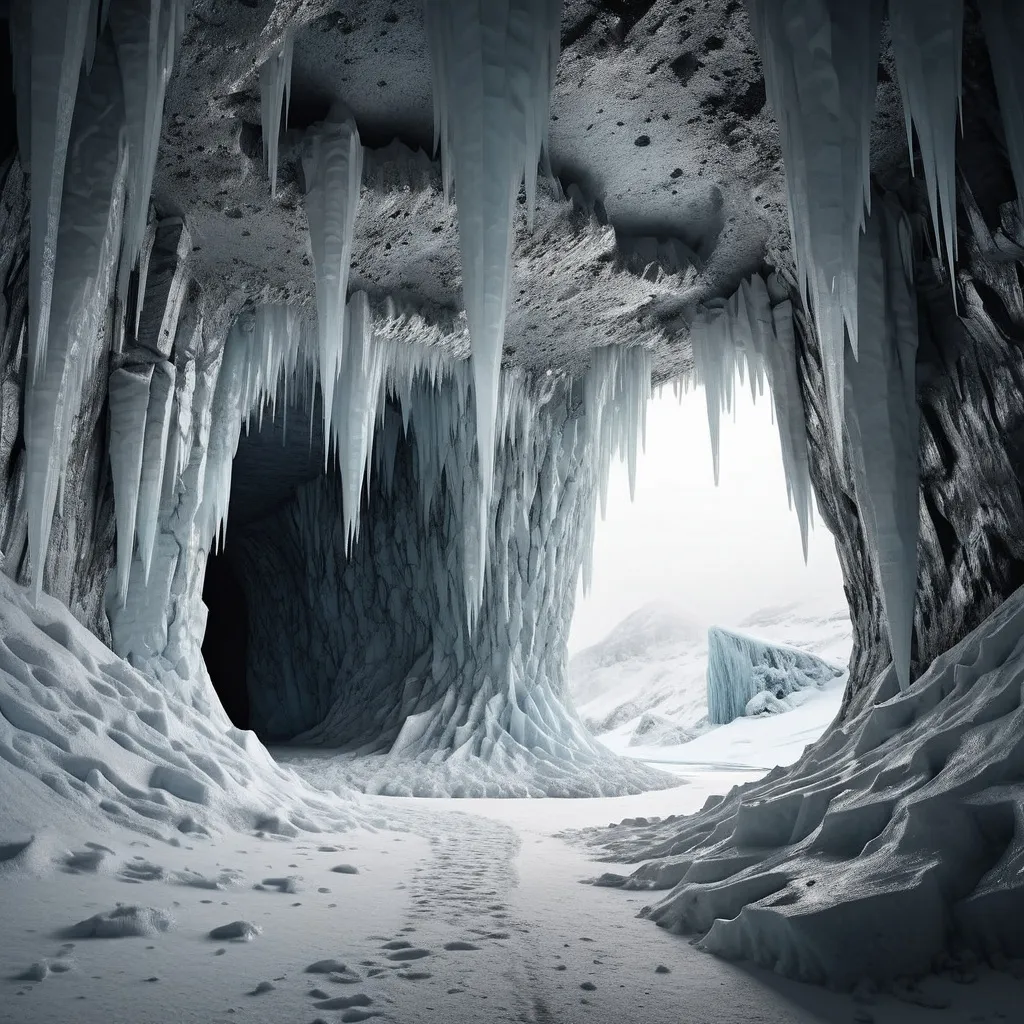 Prompt: Estrutura de uma entrada de uma caverna de fantasia enorme e estranha com detalhes intrincados, cercada por solo coberto de neve, gelo liso brilhando em suas superfícies. Atmosfera etérea, com luz suave refletindo na textura gelada, criando um clima de terror. Capture em alto detalhe, enfatizando texturas em um ambiente frio e dramático. Influenciado pelo estilo de arte concreto exclusivo de Filip Hodas, qualidade fotorrealística premiada, pintura fosca perfeita.