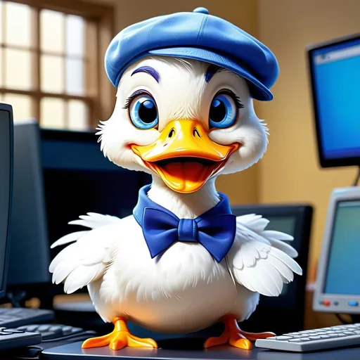 Prompt: Cute all-white duck, cartoon style, smiling cheerfully, captivating blue eye iris, vibrant yellow beak, charming blue newsboy cap on head, stylish blue collar around neck, programming in a computer lab, joyful atmosphere, detailed, whimsical, fun animated scene.