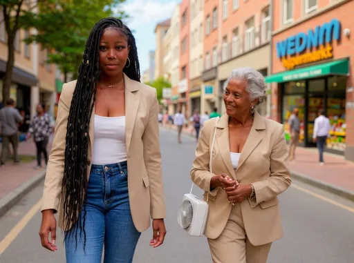 Prompt: Tall young woman walking down the high street, detailed clothing, realistic, natural lighting ande asking for where to get home appliances like a tv and an aircondion to buy and meeting one fair beautiful lady called Bernice  and Bernice recomending a supermarket called wedam hypermarket to her.
