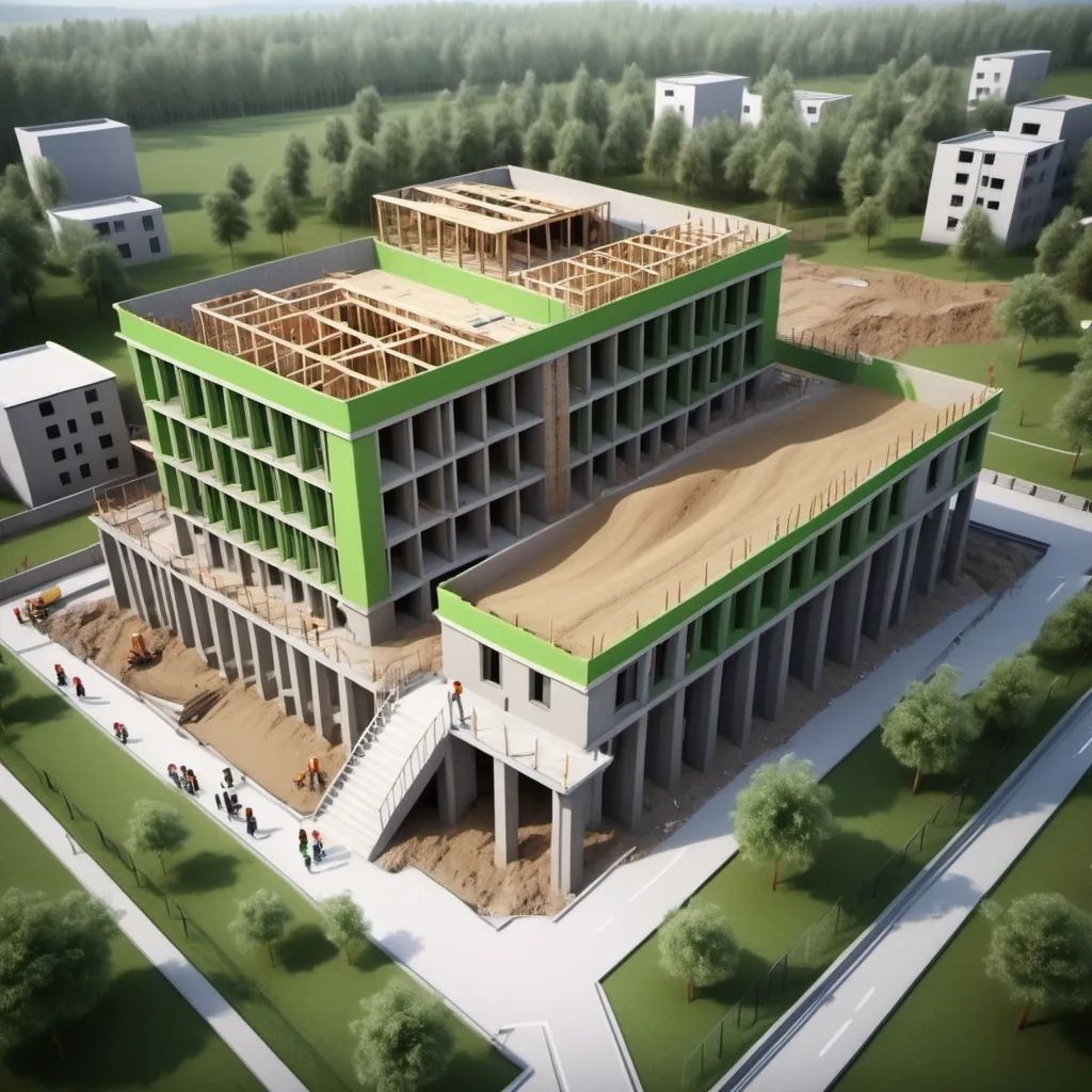 Prompt: Please create for me a video of a school under construction gradually consisting of 4 stages: pouring the foundation, building the 1st floor, building the 2nd floor, building the 3rd floor and completing it into a green school with beautiful 3-storey buildings.