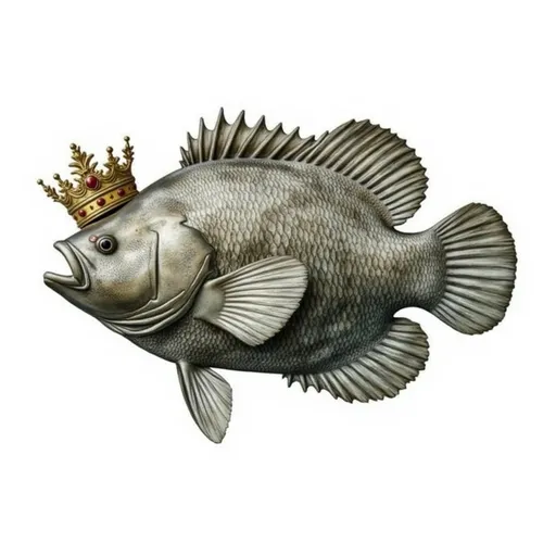 Prompt: a big fat triple tail fish, minimalist style,  bold lines, wearing a royal intricate crown on its forehead, realistic colors, with a hurricane symbol behind it