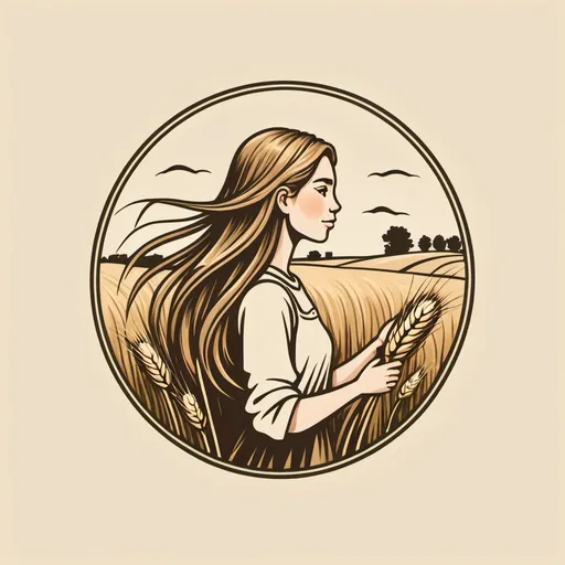 Prompt: Create a logo for rural women with wheat, in grass fields, and long hair, in a minimalist way