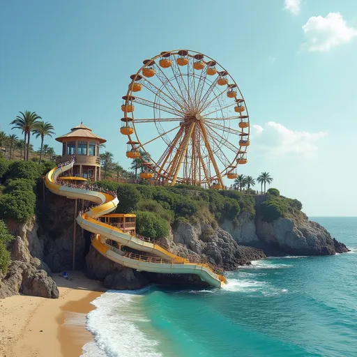 Prompt: a ferris wheel,with cars full of people, on a hilltop near the beach, with nearby fresh water slide starting on land and ending in beach water