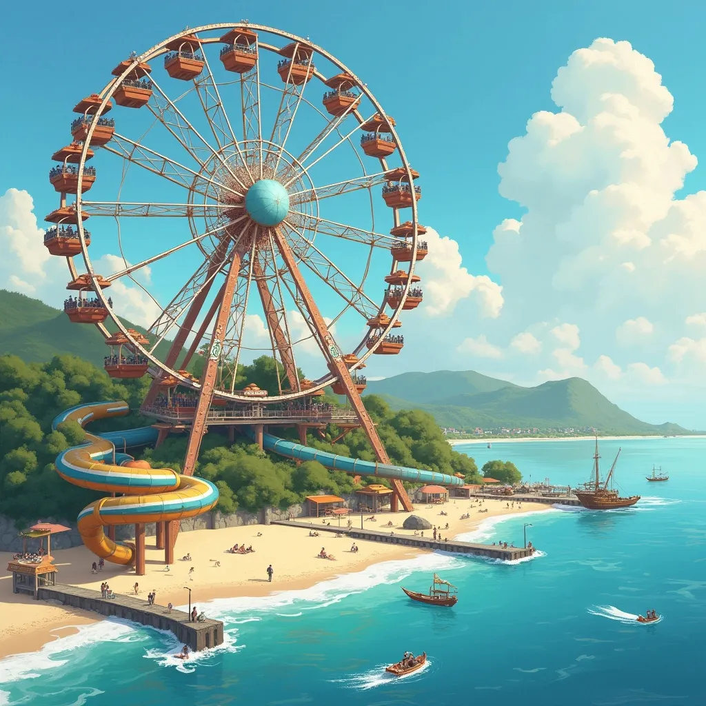 Prompt: a ferris wheel,with cars full of people, on a hilltop near the beach, with nearby fresh water slide starting on land and ending in beach water. extend beach area and include a jetty with small boats and people.