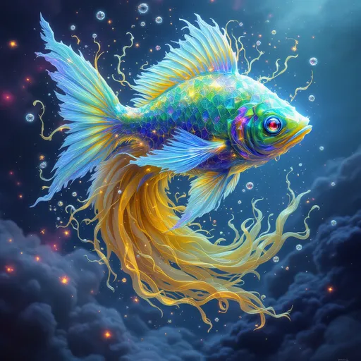 Prompt: a ethereal, epic, powerful, god-like,majestic, beautiful intergalactic 2 diamond fish yellow tail like a wavey kitsume dress, with reddish green clouds with many bioluminescense blue embers, bioluminescence blue purplish plasma emitting around the fish and many beautiful bluish tentacles and many bioluminescense blue frazzled tendrils behind the fish