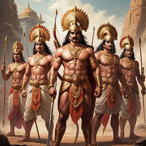 Prompt: 

"Five heroic warriors, the Pandavas from the Mahabharata, standing together in an epic pose. Yudhishthira with a calm and wise demeanor, holding a spear; Bhima with a muscular build, wielding a mace; Arjuna, the skilled archer, with a bow and arrow; Nakula and Sahadeva, the twins, with swords and shields. They are dressed in traditional ancient Indian warrior attire, with intricate armor and headgear, set against a backdrop of a grand, ancient battlefield."