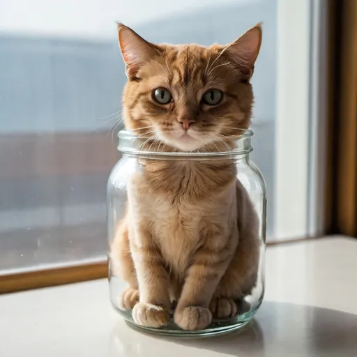 Prompt: A cat sitting on a glass jar