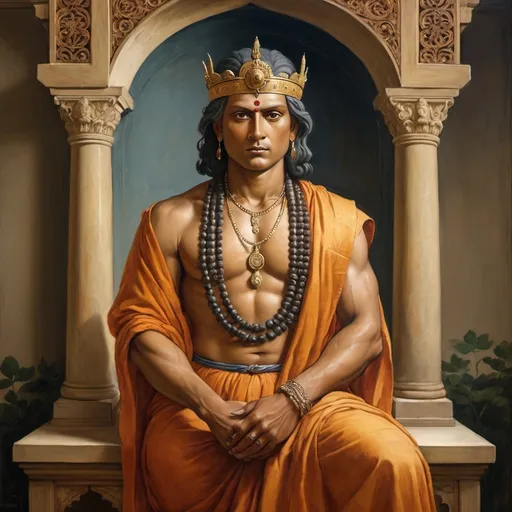 Prompt: Ashoka the Great: "A Renaissance-style portrait of Emperor Ashoka, inspired by Leonardo da Vinci. Ashoka is depicted seated in a regal pose, wearing traditional Mauryan attire with a detailed crown. The background features the ancient city of Pataliputra with its grand architecture and lush gardens, painted with da Vinci's mastery of perspective and light. His expression is serene yet contemplative, reflecting his transformation from a conqueror to a patron of Buddhism."

