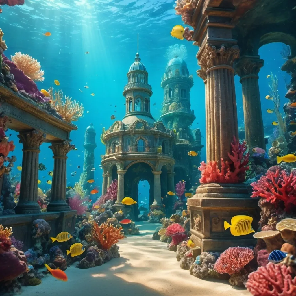 Prompt: An underwater kingdom with colorful coral reefs and mermaid inhabitants