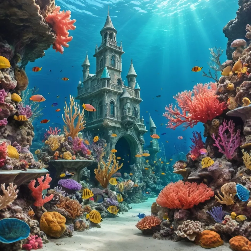 Prompt: An underwater kingdom with colorful coral reefs and mermaid inhabitants