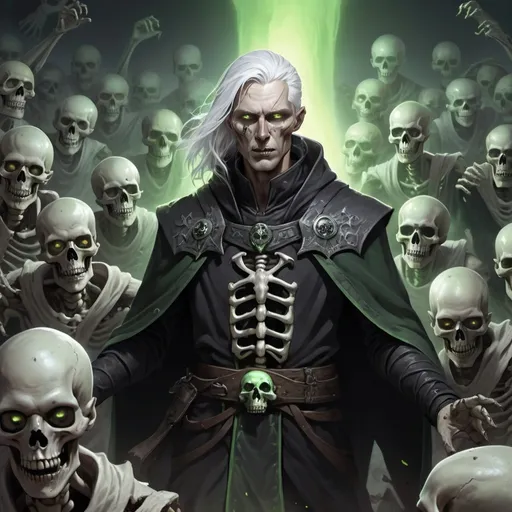 Prompt: hyper-realistic male human necromancer with greenish glow in his eyes, white hair and no facial hair, pale and skiny, wearing a black and silver tunic, sorrounded by an army of undead skeletons and zombies following his command, fantasy character art, illustration, dnd dark tone