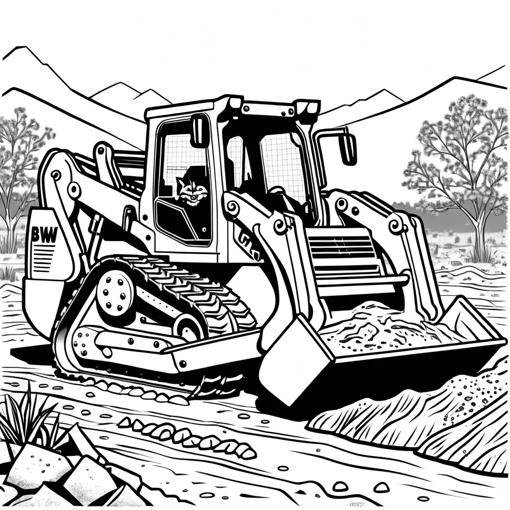 Prompt: B&W coloring book page, bobcat, mud, machinery, happy, digging