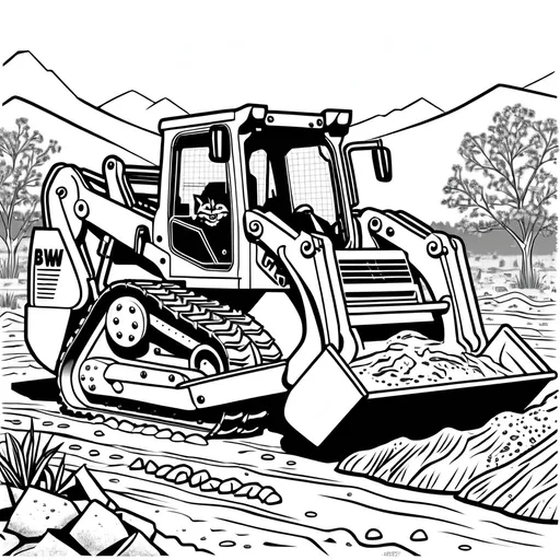 Prompt: B&W coloring book page, bobcat, mud, machinery, happy, digging