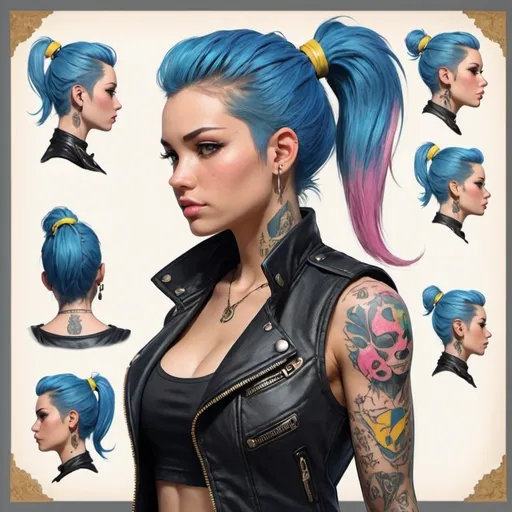 Prompt: Character design sheet woman blue-pink ponytail black leather vest with yellow accents,tattoos