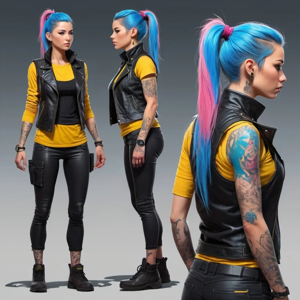 Prompt: Character design sheet woman blue-pink ponytail black leather vest with yellow accents,tattoos