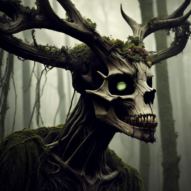 Prompt: Deer skull faced Wendigo made of vines in a misty forest, detailed vine textures, mystical atmosphere, high quality, eerie, foggy, woodland, detailed eyes, organic design, supernatural, atmospheric lighting