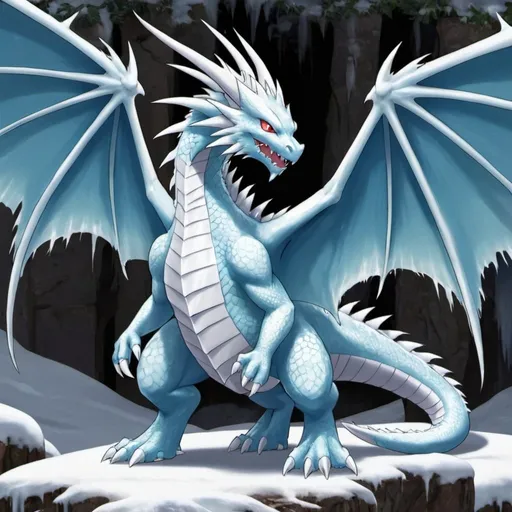Prompt: Pokemon: type:Dragon-Ice Its white and red. It´s scales look like ice spikes and it´s skin like snow. it stands on two feet and has four wings. I cant stress enough that it is supposed to have four wings! It´s tail is extremely long, even longer than its own body. His back is hunched over, and a big icicle is coming out of it. FOUR WINGS! 4 WINGS! Make it so, the dragon has a human posture, and not lizzard like