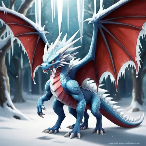 Prompt: Pokemon: type:Dragon-Ice Its white and red. It´s scales look like ice spikes and it´s skin like snow. it stands on two feet and has four wings. The wings that are higher are bigger, the one´s that are lower are much smaller. I cant stress enough that it is supposed to have four wings! It´s tail is extremely long, even longer than its own body. it´s back is hunched over, and a big icicle is coming out of it. FOUR WINGS! 4 WINGS!