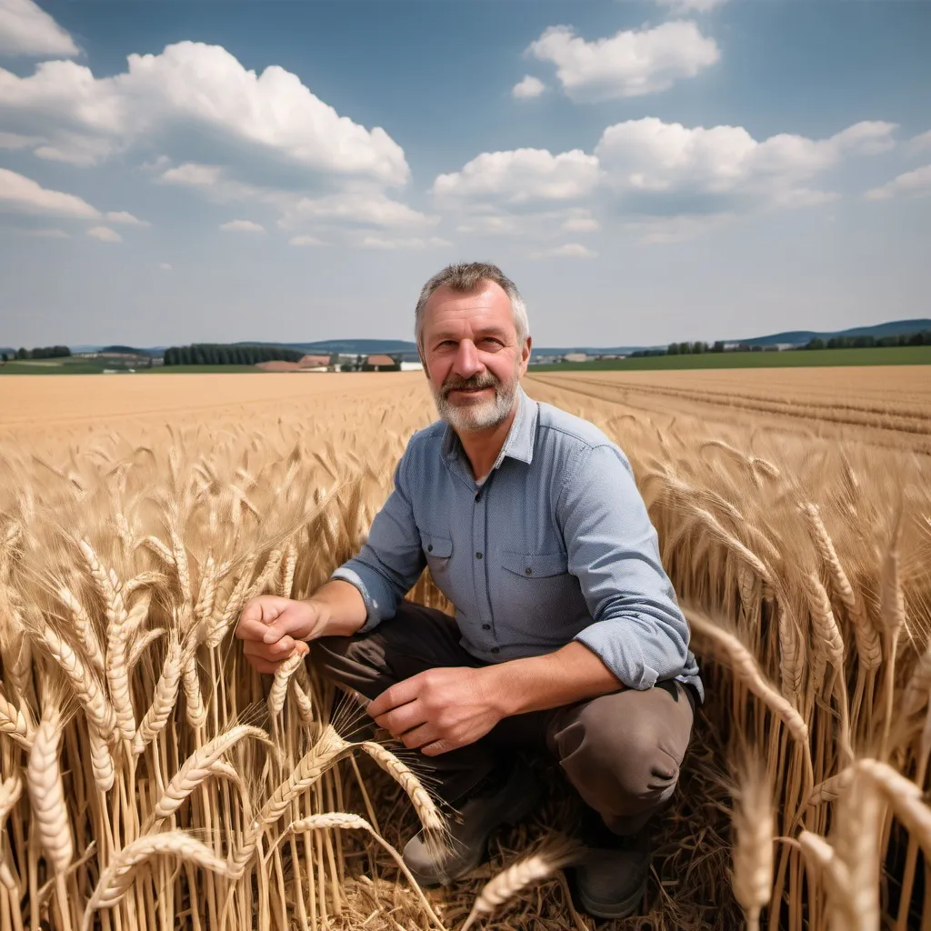 Prompt: Avarage Farmer in austria with arable land in the pannonic region with wheat