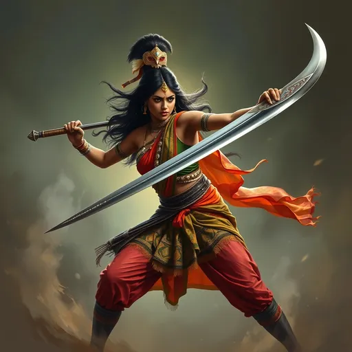 Prompt:  A fierce female Indian warrior, adorned in a vibrant cotton saree, strikes a powerful fighting stance, wielding a massive claymore sword. Dynamic rim lighting illuminates her determined expression and the intricate details of her traditional attire. The scene is rendered in a dramatic, hyperrealistic digital painting style, reminiscent of Frank Frazetta and Luis Royo, with a cinematic color palette and a subtle hint of mist swirling around her feet, evoking a sense of ancient battle.