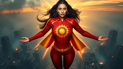 Prompt: A powerful superhero woman in her early 30s, of South Asian descent, with long jet-black hair flowing behind her. She wears a full-body, form-fitting red costume with gold trim, featuring a high turtleneck and full sleeves. At the center of her chest glows a radiant golden Sun symbol, its elongated rays twining upward toward her neck and downward along her torso like divine filigree.
She hovers mid-air above a crumbling cityscape at dusk, framed by smoky skies and fractured buildings. Her arms are outstretched in a protective stance, and her expression is fierce yet compassionate. From the Sun symbol on her chest emanates a dome of golden light—an energy shield that deflects falling debris and fire, safeguarding a group of terrified civilians below.
The rays of her emblem extend outward like living vines of light, wrapping around the scene with mythic grace. Her costume gleams against the chaos, a beacon of hope and divine intervention. The atmosphere is charged with urgency and reverence, as if she were a celestial guardian descended to restore balance.
