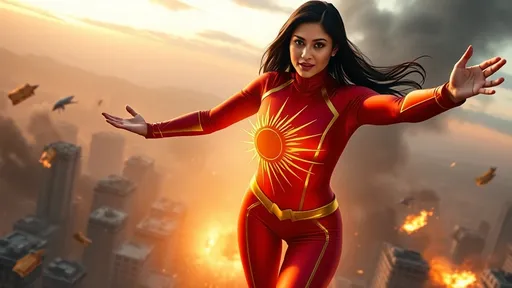 Prompt: A powerful superhero woman in her early 30s, of South Asian descent, with long jet-black hair flowing behind her. She wears a full-body, form-fitting red costume with gold trim, featuring a high turtleneck and full sleeves. At the center of her chest glows a radiant golden Sun symbol, its elongated rays twining upward toward her neck and downward along her torso like divine filigree.
She hovers mid-air above a crumbling cityscape at dusk, framed by smoky skies and fractured buildings. Her arms are outstretched in a protective stance, and her expression is fierce yet compassionate. From the Sun symbol on her chest emanates a dome of golden light—an energy shield that deflects falling debris and fire, safeguarding a group of terrified civilians below.
The rays of her emblem extend outward like living vines of light, wrapping around the scene with mythic grace. Her costume gleams against the chaos, a beacon of hope and divine intervention. The atmosphere is charged with urgency and reverence, as if she were a celestial guardian descended to restore balance.
