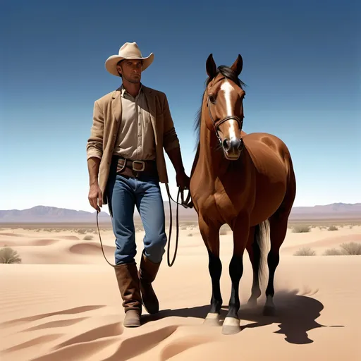 Prompt: (photorealistic) image of a man holding a horse in the vast desert, (vibrant blue sky) providing a striking backdrop, embodying a (tonalism) style with subtle earthy hues, highlighting the (Western) aesthetic. The figure displays (rugged clothing) suitable for the environment, and (dynamic shadows) play against the warm sands, emphasizing the serene yet adventurous mood. (HD quality) for crisp detail.