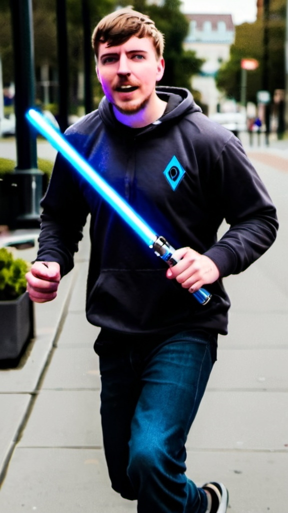 Prompt: Mr Beast running on the sidewalk with a blue lightsaber. Serious face.