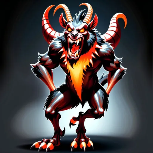 Prompt: A evil, demonic red and black goat with orange glowing eyes, sharp teeth, forked tongue and a pointy tail rearing on it's hind legs. It has too many horns and a million teeth like a werewolf.  It is a monster not unlike the chupacabra.