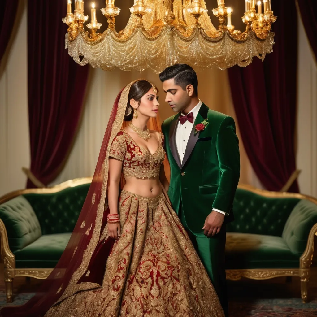 Prompt: "In the golden glow of a grand chandelier, a bride stands adorned in intricate red and gold embroidery, her gaze lowered with a mix of shyness and anticipation. Behind her, on a regal green velvet bed, her groom watches with admiration, dressed in a deep maroon suit, his eyes filled with love and longing. The air is heavy with unspoken emotions, the room echoing the beauty of their new beginning. She feels his presence without looking, the weight of a thousand dreams resting in this moment. As she takes a deep breath, she knows—this is the start of forever."