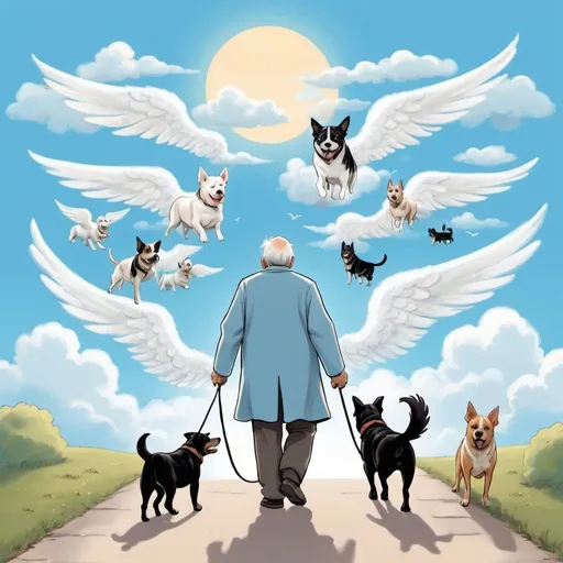 Prompt: illustration scene, old grandfather walking on heaven with light blue and fluffy clouds after passing away giving his back, he is walking with one dog that is black medium size a little chubby and one dog that is mixed withe and black medium size chubby. all of them have angel wings including the dogs (street dog breed) high quality. Dogs jumping out of happyness