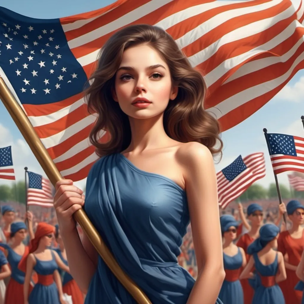 Prompt: Want independence day year in the background 
And in front I want flag and women want hold that flag