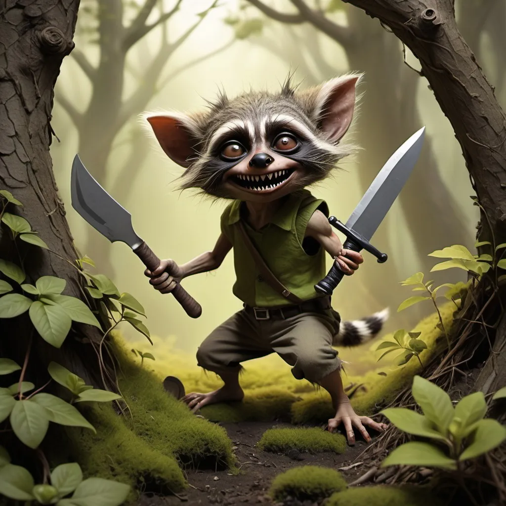 Prompt: Create a picture of a small goblin hiding in a bush and a raccoon sneak attack stabbing it to death