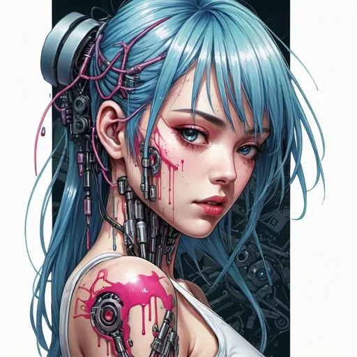 Prompt: design a forearm tattoo of a android girl  cyber blood dripping , android parts, cyber diagrams background, Android Jones, neo-figurative, neondrug, yukito kishiro, cyberpunk tattoo, anime style, 