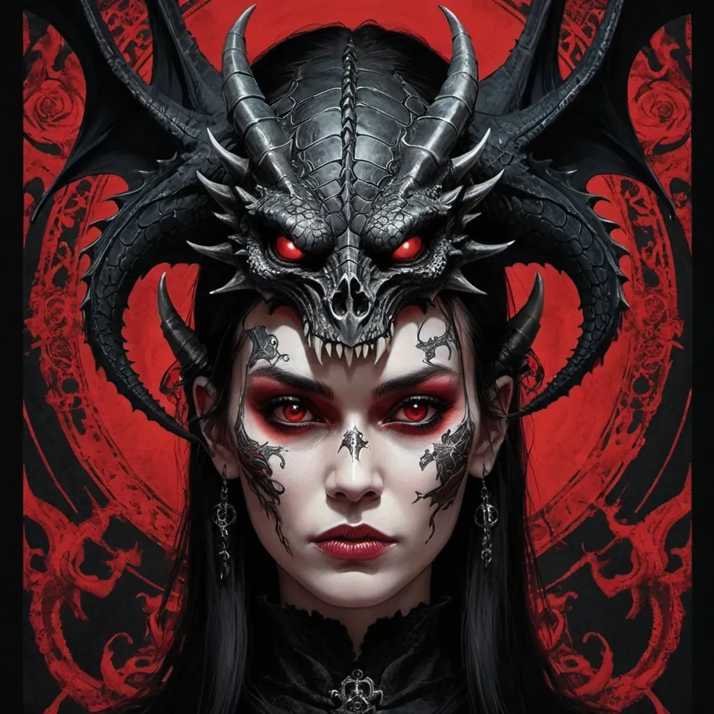 Prompt: a red and black picture of a woman with dragon heads on her face and a skull on her face, Android Jones, gothic art, dark art, poster art