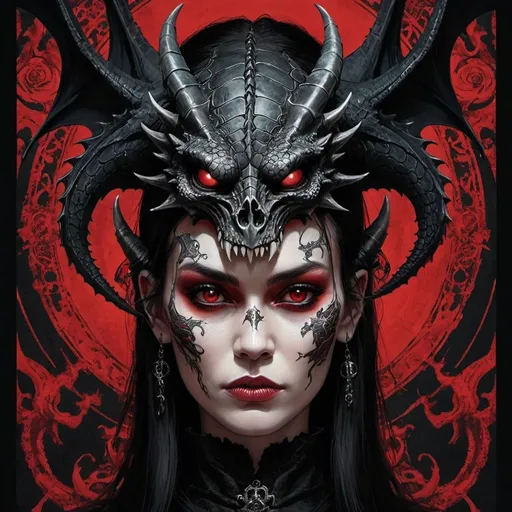 Prompt: a red and black picture of a woman with dragon heads on her face and a skull on her face, Android Jones, gothic art, dark art, poster art