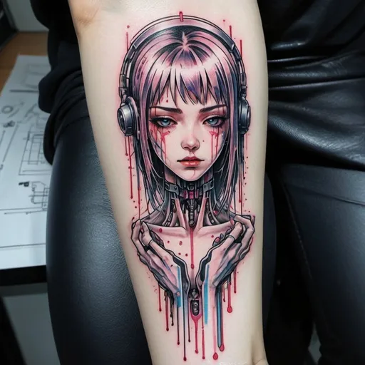 Prompt: design a forearm tattoo of a android girl  cyber blood dripping , android parts, cyber schematics/lines background, Android Jones, neo-figurative, neondrug, yukito kishiro, cyberpunk tattoo, anime style, 