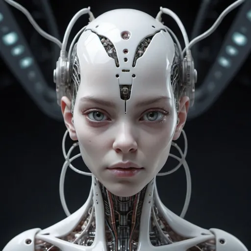 Prompt: complex 3d render ultra detailed of a beautiful porcelain alien girl head android face, cyborg, robotic parts, 150 mm, dark studio soft light, rim light, vibrant details, gore cyberpunk,  lace, hyperrealistic, anatomical, facial muscles, cable electric wires, microchip, elegant, beautiful background, octane render, H.R. goya style, 8k