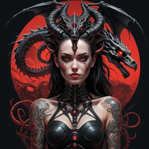 Prompt: Design a captivating red and black  forearm tattoo of a woman with dragon heads on her face and a skull Envision a creature with biomechanical enhancements, its form twisted and adapted for survival in the desolate void of space. Android Jones, morozov, gothic art, dark art, poster art