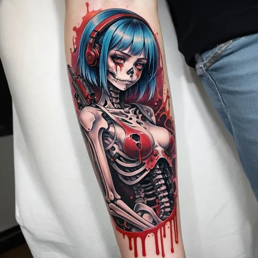 Prompt: design a forearm tattoo of a android girl with a gun and blood dripping , android parts ,skeleton, Android Jones, neo-figurative, yukito kishiro, cyberpunk tattoo, anime style, neondrug